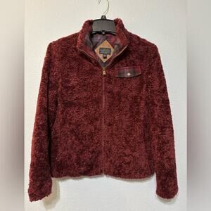 Pendleton Maroon Dark Red Fuzzy Sherpa Zip Jacket w/ Plaid Pocket Flap M